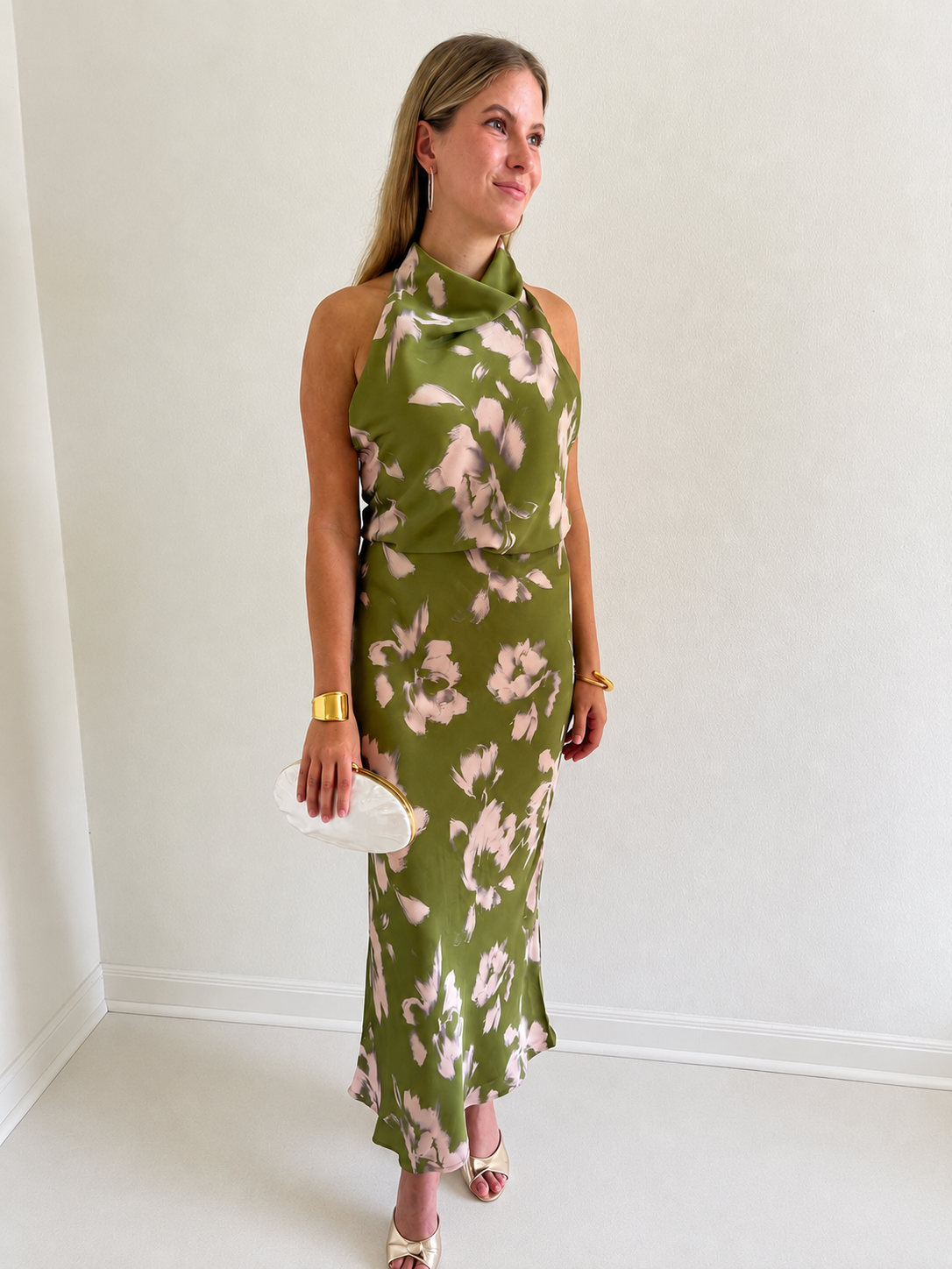 Satin Midi Skirt-Olive