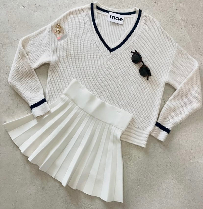 Cashmere V Neck White/Navy