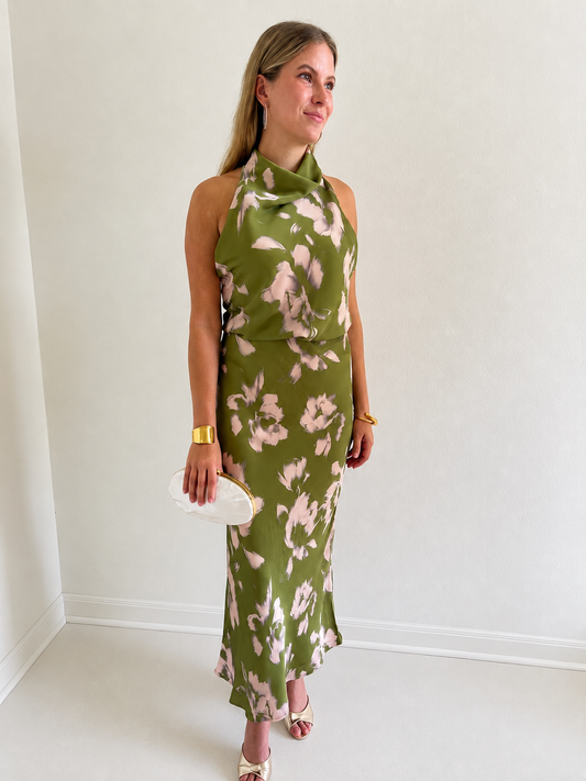 Satin Midi Skirt-Olive